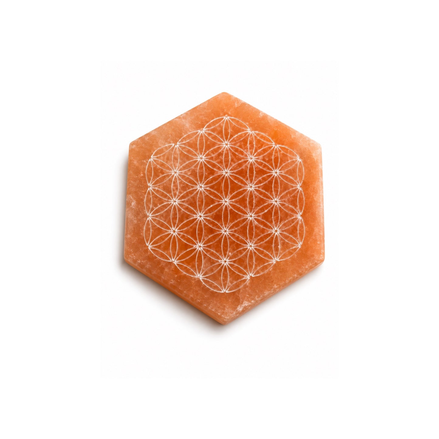 Plaque de sélénite orange Fleur de Vie HEXA 10 cm